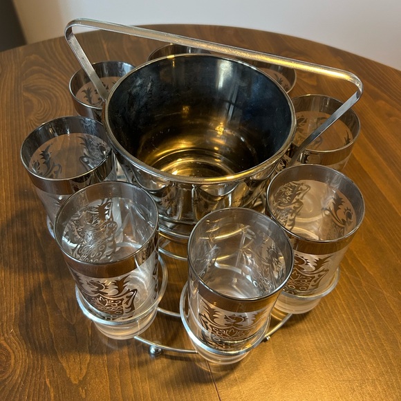 Vintage MCM Kimiko Silver Heraldic Highball Glassware Barware Caddy - Picture 9 of 11